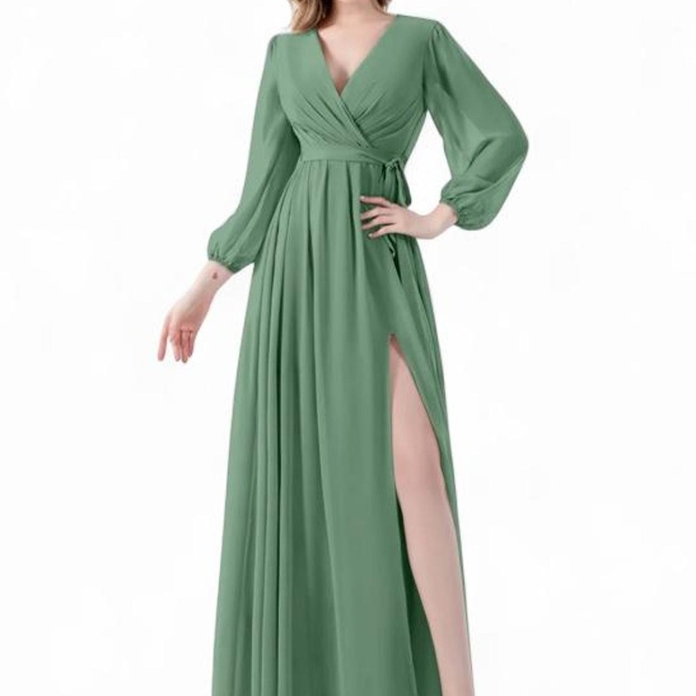 Pomuyoo Green Maxi Dress Slit Bra Padding Long Sleeve Formal Gown 24W